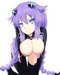  1girl all_fours areolae blue_eyes bodysuit braid breasts breasts_outside female hair_ornament highres large_breasts long_hair looking_at_viewer neptune_(choujigen_game_neptune) neptune_(series) nipples power_symbol purple_hair purple_heart smile solo symbol-shaped_pupils tied_hair twin_braids 