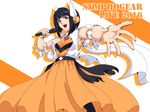  2016 aoi_yuu_(komeda_yuu) armpits bangs black_hair blunt_bangs commentary_request dress foreshortening headphones highres microphone music open_mouth orange_dress outstretched_arm seiyuu_connection senki_zesshou_symphogear singing solo standing symphogear_live tachibana_hibiki_(symphogear) yuuki_aoi 