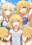  :d :o ahoge blonde_hair blue_eyes cheerleader fang fate/grand_order fate_(series) grey_hair gym_uniform highres jeanne_d'arc_(alter)_(fate) jeanne_d'arc_(fate) jeanne_d'arc_(fate)_(all) jeanne_d'arc_alter_santa_lily long_hair looking_at_viewer multiple_girls name_tag one_eye_closed open_mouth pom_poms short_hair skirt smile translated xly_97 yellow_eyes 