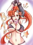  :d bang bikini_top black_gloves bouncing_breasts breasts elbow_gloves finger_gun gloves hair_ornament hair_stick large_breasts long_hair looking_at_viewer midriff mismatched_gloves one_eye_closed open_mouth ponytail red_hair scarf sketch skull_hair_ornament smile solo star suga_leon tengen_toppa_gurren_lagann underboob very_long_hair yellow_eyes yoko_littner 