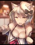  animal_ears bare_shoulders bow breasts cat_ears choker cleavage collarbone erune frills granblue_fantasy grey_hair halterneck heart heart-shaped_pupils lao_meng large_breasts long_sleeves looking_at_viewer open_mouth short_hair solo sutera_(granblue_fantasy) symbol-shaped_pupils upper_body yellow_eyes 