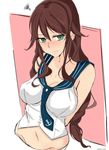  absurdres anchor_symbol arms_behind_head bare_shoulders blush braid breasts brown_hair cleavage collarbone commentary_request eyebrows_visible_through_hair eyes_visible_through_hair garter_straps gloves green_eyes hair_between_eyes highres kantai_collection large_breasts long_hair looking_at_viewer navel noshiro_(kantai_collection) oputon sidelocks simple_background single_thighhigh skirt smile solo thighhighs twin_braids 