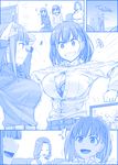  3girls :d ai-chan's_mother_(tawawa) ai-chan's_sister_(tawawa) ai-chan_(tawawa) bangs blue blunt_bangs bra braid breasts bursting_breasts button_gap cleavage closed_eyes closed_mouth commentary emphasis_lines flying_button french_braid getsuyoubi_no_tawawa grin hair_over_shoulder himura_kiseki large_breasts low_ponytail monochrome mother_and_daughter multiple_girls open_mouth outstretched_arms pantyhose parted_bangs plaid plaid_bra popped_button short_hair siblings side_braid sisters smile sparkle sweatdrop tenkuu_no_shiro_laputa trembling underwear wardrobe_malfunction watching_television wavy_mouth 