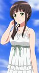  bangs bare_shoulders blue_sky blunt_bangs blush breasts brown_hair closed_mouth cloud collarbone commentary_request cp9a day dress eyebrows_visible_through_hair flower gochuumon_wa_usagi_desu_ka? hair_flower hair_ornament long_hair low_ponytail outdoors ponytail ribbon sidelocks sky sleeveless sleeveless_dress small_breasts smile solo sundress ujimatsu_chiya upper_body white_dress white_flower white_ribbon 