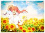  1boy :d ahoge bangs blue_sky cloud collared_shirt commentary_request day dress_shirt eyebrows_visible_through_hair eyes_closed facing_viewer fate/grand_order fate_(series) field flower flower_field hat highres holding holding_hat jewelry long_hair male_focus marei_(mercy) open_mouth outdoors ponytail red_hair ring romani_archaman shirt sky sleeves_rolled_up smile solo sunflower upper_body waving white_shirt wing_collar 