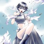  bare_arms bare_shoulders black_footwear black_hair blue_eyes breasts chinese_clothes cloud crop_top hair_between_eyes highres houshin_engi leg_up long_eyelashes midriff navel open_mouth ou_kijin pelvic_curtain short_hair solo suji torn 