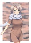  blue_eyes blurry blurry_background brown_dress brown_hair clenched_hand dress grey_hair looking_at_viewer love_live! love_live!_sunshine!! otsumami_(otsu-mugi) print_scarf scarf short_hair smile snowflake_print solo watanabe_you white_scarf 