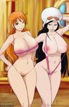  2girls areolae bikini black_hair blue_eyes breasts brown_eyes curvy hat hentaimaster88 hips huge_breasts large_breasts long_hair looking_at_viewer multiple_girls nami_(one_piece) navel nico_robin nipples one_piece orange_hair pussy sling_bikini sunglasses sunglasses_on_head swimsuit text thick_thighs thighs together watermark whentai wide_hips 