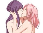  2girls breasts eyes_closed haruno_sakura hyuuga_hinata kiss long_hair multiple_girls naruto nipples nude pink_hair purple_hair samurai-pet yuri 