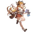  bag bangs blonde_hair bow bowtie breasts brown_eyes draph full_body glasses granblue_fantasy holding horn horns large_breasts leg_up long_hair looking_at_viewer looking_back map minaba_hideo official_art open_mouth pen pleated_skirt ponytail sarya_(granblue_fantasy) shirt short_sleeves skirt smile solo transparent_background 