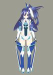  absurdres bare_shoulders blue_hair boots elbow_gloves full_body gloves grey_background hair_between_eyes highres kazanari_tsubasa lc5_(kazuya) leotard long_hair one_side_up purple_eyes senki_zesshou_symphogear simple_background smile solo thigh_boots thighhighs 