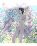  :o angry bare_shoulders black_hair blonde_hair blue_eyes blue_flower blue_rose blurry blurry_background blush bouquet boutonniere bridal_veil bush carrying_over_shoulder crossdressing dress earrings elbow_gloves fate/zero fate_(series) flower formal frilled_dress frills garden gathers gloves grey_jacket grey_pants hair_strand hand_on_another's_ass hand_on_another's_shoulder high_heels husband_and_husband jacket jewelry kayneth_el-melloi_archibald lancer_(fate/zero) long_sleeves male_focus multiple_boys no_socks open_mouth outdoors panpanmaru pants petals rose shoes smile strapless strapless_dress stud_earrings suit tiara tuxedo v-shaped_eyebrows veil wedding white_footwear white_gloves yaoi yellow_eyes 