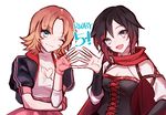  aqua_eyes breasts cape cleavage cleavage_cutout commentary_request ecru fingerless_gloves gloves looking_at_viewer medium_breasts multiple_girls nora_valkyrie one_eye_closed orange_hair red_hair ruby_rose rwby silver_eyes small_breasts 