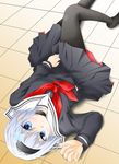  bangs black_legwear blue_eyes blue_serafuku blush choker commentary_request covering dutch_angle eyebrows_visible_through_hair from_above hair_between_eyes hair_intakes hair_ornament long_sleeves looking_at_viewer lying neckerchief on_back pantyhose pleated_skirt red_neckwear ryuuou_no_oshigoto! sailor_collar scape510 school_uniform serafuku skirt solo sora_ginko tile_floor tiles upside-down white_hair 