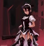  agent_(girls_frontline) asymmetrical_hair black_gloves black_hair black_legwear black_panties breasts commentary_request dated double_bun dress dress_lift frills garter_straps girls_frontline gloves grey_eyes gun hair_between_eyes horns long_hair looking_at_viewer looking_to_the_side maid maid_headdress medium_breasts michitoku panties parted_lips puffy_sleeves sangvis_ferri short_hair skirt solo standing thighhighs underwear watermark weapon web_address 