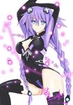  absurdres arms_up blue_eyes bodysuit braid breasts cleavage hair_ornament highres leotard long_hair looking_at_viewer neptune_(series) purple_hair purple_heart simple_background smile solo standing takamura_seki thighhighs tied_hair twin_braids white_background 