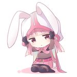  animal_hood belt blush bodystocking bunny_hood bunny_tail chibi commentary_request gloves hood kemonomimi_mode kneeling lowres magia_record:_mahou_shoujo_madoka_magica_gaiden magical_girl mahou_shoujo_madoka_magica ooba_kagerou pink_eyes pink_hair solo tail tamaki_iroha white_background 