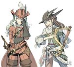  artist_name bard_(final_fantasy) bard_(final_fantasy)_(cosplay) belt closed_eyes commentary cosplay diana_cavendish final_fantasy final_fantasy_xiv harp hat_feather instrument kagari_atsuko little_witch_academia multiple_girls red_mage red_mage_(cosplay) sword ticcy weapon 