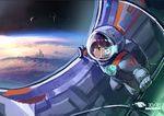  asteroid astronaut astronaut_helmet bangs black_eyes blunt_bangs city closed_mouth cloud doitsu_no_kagaku holographic_interface indoors microphone original planet profile science_fiction smile space space_craft space_station 