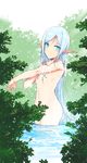 1girl blue_eyes blue_hair breasts elf katsurai_yoshiaki long_hair looking_at_viewer navel nude pointy_ears small_breasts solo 