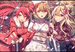  antares_(starly_girls) arm_hug asymmetrical_bangs bangs blonde_hair blush braid brown_hair character_request day earrings floral_print flower girl_sandwich hair_between_eyes hair_flower hair_ornament japanese_clothes jewelry kimono lao_meng long_hair long_sleeves looking_at_viewer multiple_girls new_year obi open_mouth orange_eyes outdoors petals red_eyes red_hair sandwiched sash short_hair starly_girls twintails v wide_sleeves 