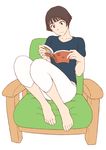  barefoot blue_shirt book brown_eyes brown_hair capri_pants chair gake_no_ue_no_ponyo jas lisa_(ponyo) pants reading shirt sitting solo studio_ghibli t-shirt toes white_background white_pants 