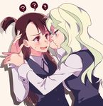  2girls blonde_hair blue_eyes blush brown_hair confused couple diana_cavendish embarrassed eye_contact hand_holding kabedon kagari_atsuko little_witch_academia looking_at_another multicolored_hair multiple_girls open_mouth red_eyes school_uniform sweatdrop tongue uniform yuri 