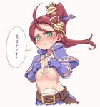  :&lt; bikini_top blush brown_hair capelet character_request copyright_request covering covering_breasts flat_chest gloves green_eyes hair_ornament long_hair looking_at_viewer mochi_(mochi444420) ponytail purple_gloves solo stomach translation_request 