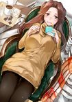  :d alternate_costume black_legwear book brown_eyes brown_hair half_updo highres holding holding_book iapoc jintsuu_(kantai_collection) kantai_collection long_hair long_sleeves open_mouth pantyhose sitting smile solo sweater yellow_sweater 