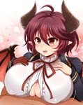  afuro blazer blush breasts claws covered_nipples dragon_horns dragon_wings fang frilled_shirt frills granblue_fantasy grea_(shingeki_no_bahamut) hair_between_eyes heart horns huge_breasts jacket open_clothes open_jacket open_mouth paizuri paizuri_under_clothes pointy_ears purple_hair red_eyes red_ribbon ribbon shingeki_no_bahamut shirt short_hair solo_focus upper_body white_shirt wings 