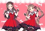  :o bat bat_background brown_eyes brown_hair claw_pose commentary_request dress fingerless_gloves garter_straps gloves hakozaki_serika idolmaster idolmaster_million_live! kitazawa_shiho multiple_girls my_dear_vampire ooba_kagerou print_legwear puffy_short_sleeves puffy_sleeves red_background red_dress short_sleeves spider_web_print thighhighs twintails v-shaped_eyebrows 