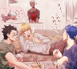  archer black_hair blonde_hair blue_hair blush boned_meat casual chopsticks cooking dark_skin dark_skinned_male dog drinking eating fate/stay_night fate/zero fate_(series) food gilgamesh holding holding_chopsticks lancer lancer_(fate/zero) male_focus meat multiple_boys saryo sparkle translated white_hair 