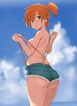  absurdres ass back bangs blue_eyes blue_sky breasts cloud cowboy_shot cutoffs day denim denim_shorts enty_reward from_behind hair_tie highres kasumi_(pokemon) looking_back medium_breasts nipples noripachi orange_hair outdoors paid_reward parted_lips pokemon pokemon_(anime) pokemon_(classic_anime) pulled_by_self short_hair short_shorts shorts side_ponytail sky solo standing suspenders_pull sweat tareme thighs topless w_arms wet wet_hair wide_hips 