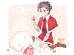  ahoge alternate_costume bell black_hair boots capelet fate/zero fate_(series) fur_trim gift jingle_bell lancer_(fate/zero) male_focus rankaku_(dandanzi123) red_capelet sack santa_costume sitting solo thighhighs wariza white_legwear yellow_eyes 