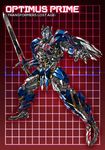  autobot blue_eyes character_name full_body grid grid_background headgear holding holding_sword holding_weapon huge_weapon looking_at_viewer machinery mecha no_humans optimus_prime paintedmike red_background shield solo standing sword transformers weapon 
