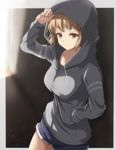  blue_shorts border brown_eyes frown grey_border grey_hoodie hair_ornament hairclip hand_in_pocket highres hood hood_up looking_at_viewer narayu senki_zesshou_symphogear senki_zesshou_symphogear_xd_unlimited short_hair short_shorts shorts solo tachibana_hibiki_(symphogear) 