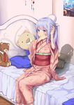  absurdres alternate_hairstyle barefoot beach_chair bed bed_sheet bedroom blue_eyes blush closed_mouth commentary eromanga_sensei floral_print hair_tie hair_tie_in_mouth hand_in_hair highres indoors innertube izumi_sagiri j.xh japanese_clothes kimono lavender_hair long_hair mouth_hold necktie on_bed poster_(object) red_neckwear silhouette sitting solo splashing stuffed_animal stuffed_toy takasago_tomoe teddy_bear twintails water wooden_floor yamada_elf 