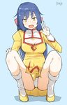  1girl 90s agent_aika artist_request bangs blue_background blue_hair blush breasts brown_eyes crotch delmo dress eyebrows_visible_through_hair female golden_delmo legs long_hair long_sleeves looking_at_viewer open_mouth panties pantyshot pantyshot_(squatting) petoriyacowa_rie pixiv puffy_sleeves ribbon short_dress simple_background skirt small_breasts smile solo spread_legs squatting underwear uniform upskirt v very_long_hair white_legwear white_panties 