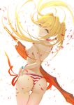 aestus_estus ahoge ass back bikini blonde_hair breasts cowboy_shot earrings fate/grand_order fate_(series) floating_hair from_behind green_eyes hair_intakes halterneck highres holding holding_sword holding_weapon jewelry kamikakushi_no_ocarino long_hair looking_at_viewer looking_back medium_breasts nero_claudius_(fate)_(all) nero_claudius_(swimsuit_caster)_(fate) petals revision side-tie_bikini sideboob smile solo striped striped_bikini swimsuit sword thigh_gap thong twintails very_long_hair weapon 