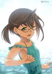  blue-framed_eyewear blue_swimsuit brown_hair ebizome glasses green_eyes kantai_collection multicolored_hair official_style okinami_(kantai_collection) one_eye_closed pink_hair ponytail short_hair signature smile solo swimsuit twitter_username 