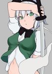  arm_behind_back arm_on_head arm_up bare_arms black_bow black_hairband bow bowtie bright_pupils ghost green_eyes grey_hair hairband holding holding_sword holding_weapon katana konpaku_youmu konpaku_youmu_(ghost) looking_at_viewer marsen navel out-of-frame_censoring parted_lips puffy_short_sleeves puffy_sleeves ribbon shirt short_hair short_sleeves solo stomach sword touhou upper_body vest weapon white_pupils 