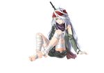  absurdres arm_support bandaged_fingers bandaged_leg bandages bandana barefoot feet g11_(girls_frontline) girls_frontline grey_eyes highres knife_in_head open_mouth ray_(pixiv9514208) scarf shorts silver_hair simple_background sitting soles solo sword toes weapon white_background 