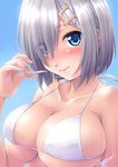  absurdres blue_eyes blush breasts cleavage eyes_visible_through_hair hair_ornament hair_over_one_eye hairclip hamakaze_(kantai_collection) highres kagehara_hanzou kantai_collection large_breasts looking_at_viewer md5_mismatch short_hair silver_hair skindentation solo strap_gap untying upper_body white_bikini_top 