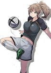  absurdres ball black_shirt blue_eyes blush breasts brown_hair commentary cowboy_shot highres juggling julioalqae large_breasts long_hair original parted_lips ponytail shirt short_sleeves shorts soccer_ball soccer_uniform solo sportswear standing standing_on_one_leg 
