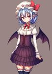  &gt;:) alternate_costume arms_at_sides bat_wings black_legwear black_wings blue_hair blush bow bowtie center_frills closed_mouth corset cowboy_shot hat hat_bow highres juliet_sleeves junior27016 layered_skirt leg_garter legs_together long_sleeves looking_at_viewer mob_cap puffy_sleeves purple_skirt red_bow red_eyes red_neckwear remilia_scarlet shirt short_hair simple_background skirt smile solo standing thighhighs touhou tsurime v-shaped_eyebrows white_hat white_shirt wings zettai_ryouiki 