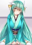  aqua_hair aqua_kimono bangs black_legwear blush commentary_request cowboy_shot eyebrows_visible_through_hair fate/grand_order fate_(series) hair_between_eyes hair_ornament head_tilt horns japanese_clothes kimono kiyohime_(fate/grand_order) long_hair long_sleeves looking_at_viewer obi parted_lips pelvic_curtain sabujiroko sash sitting smile solo spread_legs thighhighs v_arms very_long_hair wide_sleeves yellow_eyes 