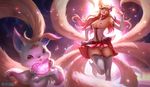  1girl ahri animal_ears boots breasts detached_sleeves fox_ears fox_tail hand_on_hip heart hips league_of_legends lipstick long_hair looking_at_viewer magical_girl makeup multiple_tails nail_polish nipples no_panties one_eye_closed photoshop pussy red_lipstick ribbon skirt solo star_guardian_ahri tail thick_thighs thigh_boots thighhighs thighs wide_hips 
