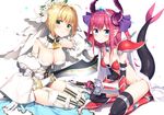  armor bangs belt black_legwear blue_eyes blush breasts bridal_veil cape chain cleavage closed_mouth commentary_request dragon_tail dress elizabeth_bathory_(brave)_(fate) elizabeth_bathory_(fate) elizabeth_bathory_(fate)_(all) fate/grand_order fate_(series) flower gloves green_eyes hair_flower hair_ornament horn_ribbon horns lock looking_at_viewer masuishi_kinoto multiple_girls nero_claudius_(bride)_(fate) nero_claudius_(fate)_(all) pose ribbon small_breasts smile sparkle sword tail veil weapon white_dress white_legwear white_sleeves zipper 