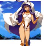  animal_ears bangs breasts closed_mouth collarbone commentary_request cowboy_shot dark_skin facial_mark fate/grand_order fate_(series) hug_(yourhug) jackal_ears long_hair looking_at_viewer medium_breasts nitocris_(fate/grand_order) nitocris_(swimsuit_assassin)_(fate) one-piece_swimsuit purple_eyes purple_hair smile solo swimsuit very_long_hair 