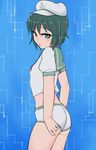  adjusting_clothes adjusting_shorts anchor_symbol arms_at_sides ass bare_arms bare_legs bright_pupils cowboy_shot expressionless from_side green_eyes green_hair half-closed_eyes hat looking_at_viewer marsen midriff murasa_minamitsu parted_lips ringed_eyes sailor sailor_collar sailor_hat shirt short_hair short_shorts short_sleeves shorts sideways_glance solo standing stomach touhou white_pupils 